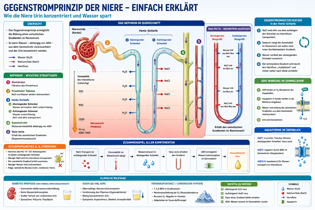 Farbige medizinische Infografik zum Gegenstromprinzip mit Henle-Schleife, Vasa recta, osmotischem Gradient und ADH.