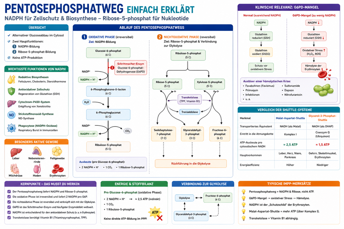 Pentosephosphatweg einfach erklärt – NADPH & G6PD für Physikum und 1. Staatsexamen