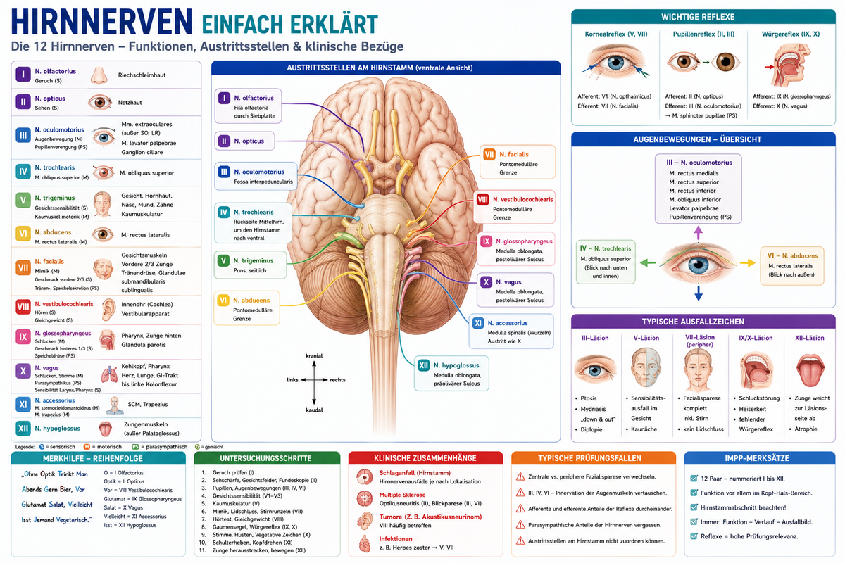 Anatomische Infografik mit allen 12 Hirnnerven, ihren Funktionen, Austrittsstellen und klinischen Ausfällen.