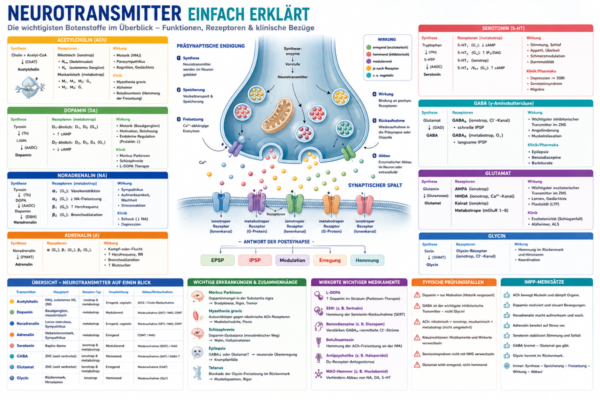Medizinische Infografik mit Acetylcholin, Dopamin, Serotonin, GABA, Glutamat und ihren Funktionen.