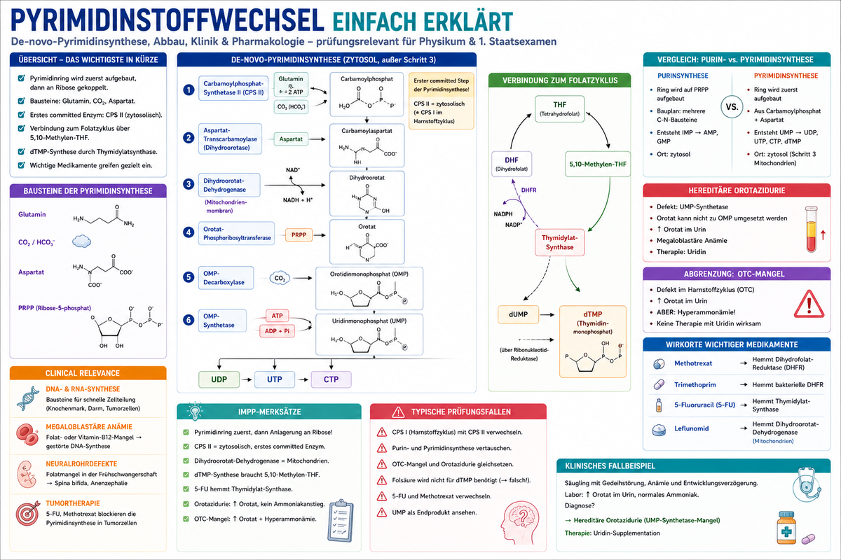 Pyrimidinstoffwechsel einfach erklärt für Physikum mit CPS II, Orotat, UMP, Thymidylatsynthase, Methotrexat und 5-Fluoruracil.