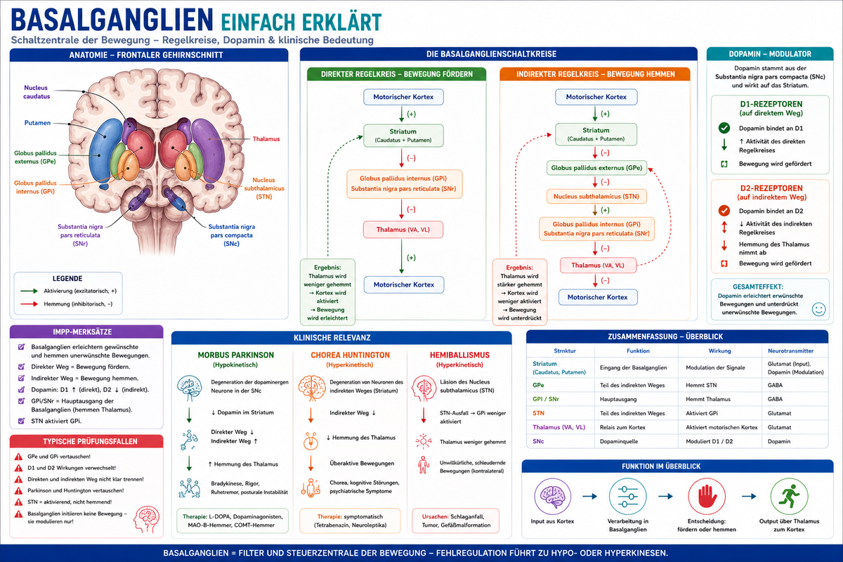 Basalganglien einfach erklärt für Physikum mit Striatum, Globus pallidus, Substantia nigra, direktem und indirektem Regelkreis.