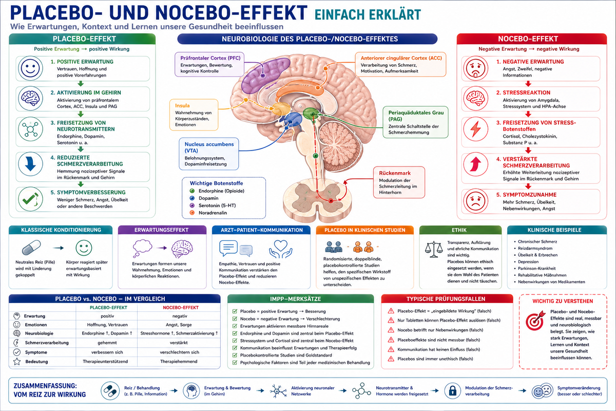 Medizinische Infografik zum Placebo- und Nocebo-Effekt mit Erwartung, Gehirn und Schmerzverarbeitung.