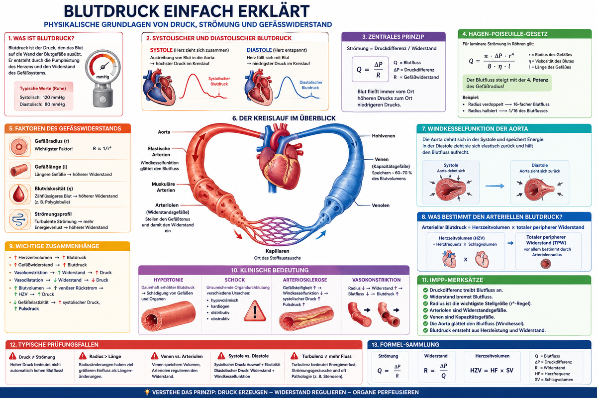 Blutdruck einfach erklärt mit physikalischen Grundlagen von Druck, Blutströmung, Gefäßwiderstand, Hagen-Poiseuille-Gesetz und klinischer Bedeutung im Medizinstudium.