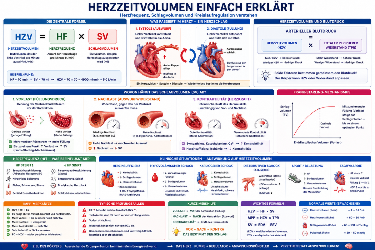 Herzzeitvolumen einfach erklärt für Medizinstudierende mit Formel HZV gleich Herzfrequenz mal Schlagvolumen, Vorlast, Nachlast, Kontraktilität, Blutdruck, Schock und Herzinsuffizienz.