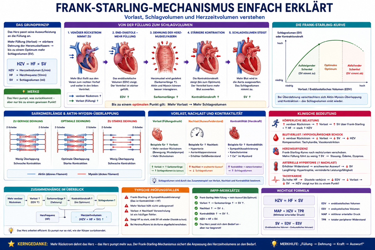 Frank-Starling-Mechanismus einfach erklärt für Medizinstudierende mit Vorlast, enddiastolischem Volumen, Sarkomerlänge, Schlagvolumen, Herzzeitvolumen, Herzinsuffizienz und Physikum-Merksätzen.