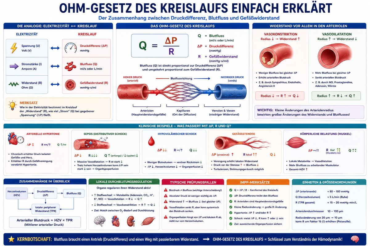Ohm-Gesetz des Kreislaufs einfach erklärt für Medizinstudierende mit Blutfluss, Druckdifferenz, Gefäßwiderstand, Vasokonstriktion, Vasodilatation, Blutdruck, Schock und typischen Physikum-Prüfungsfallen.