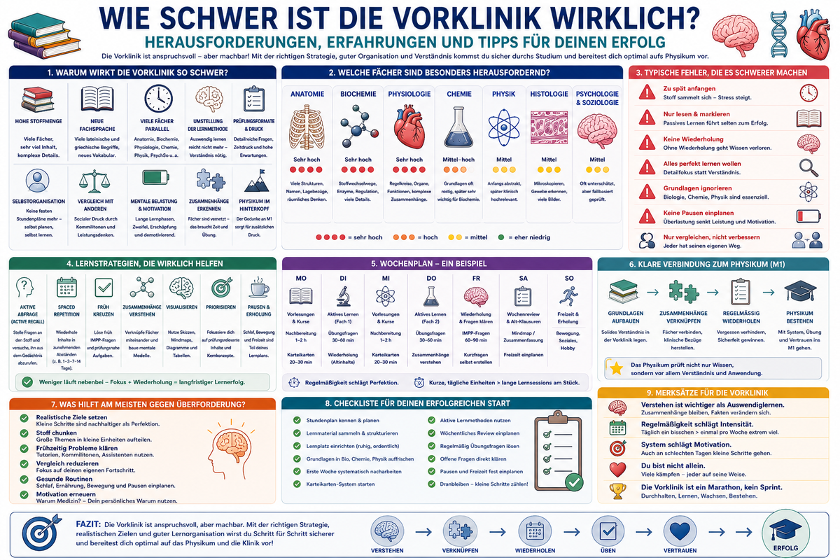 Medizinische Infografik zur Schwierigkeit der Vorklinik mit Fächern, Herausforderungen, Lernmethoden und Tipps.
