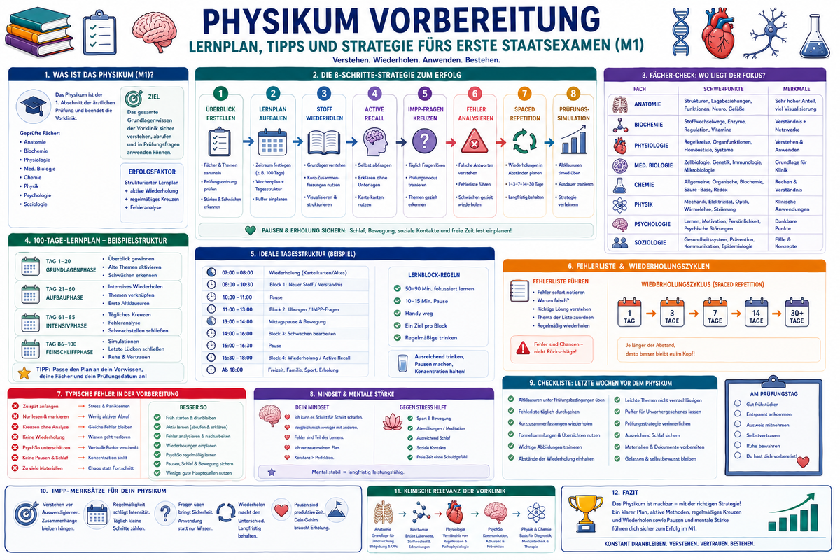 Physikum Vorbereitung mit Lernplan M1 erstes Staatsexamen Medizin IMPP Fragen Active Recall Spaced Repetition Anatomie Biochemie Physiologie PsychSo und Tipps zum Bestehen