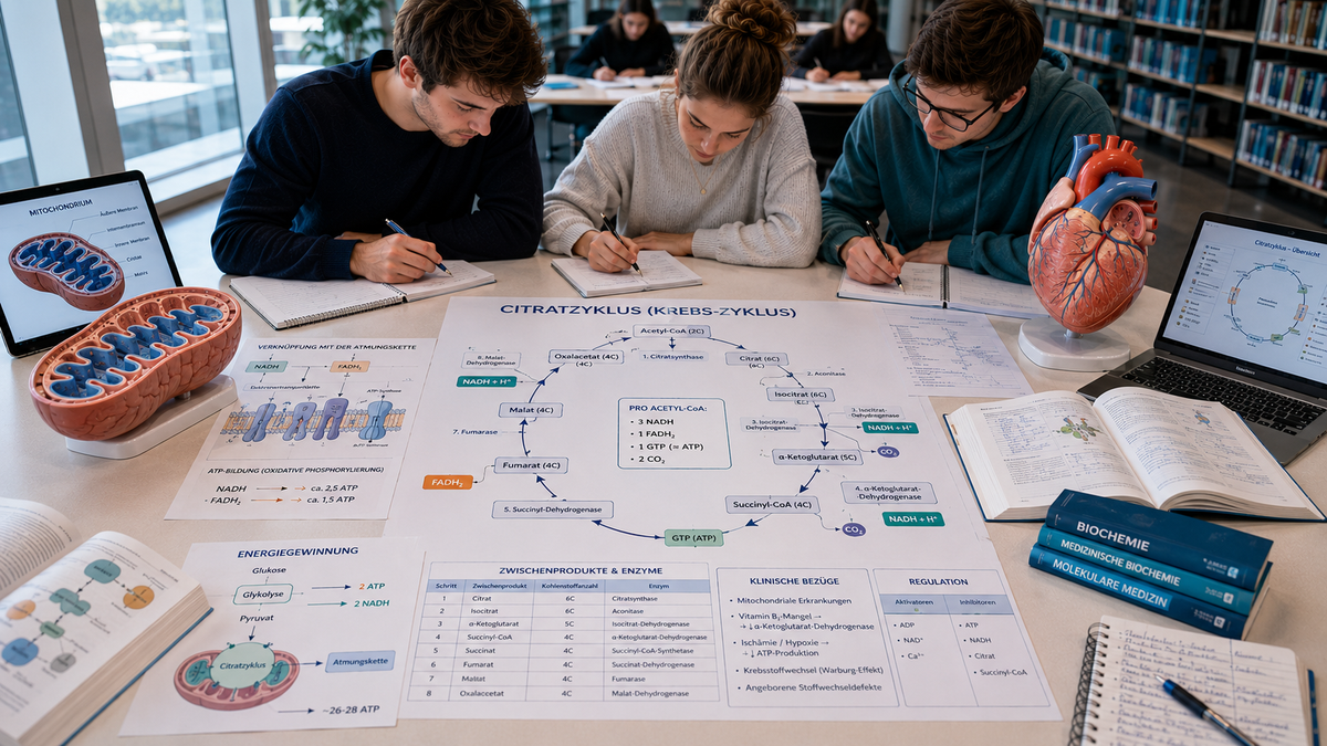 Citratzyklus einfach erklärt für Physikum und Medizinstudium mit Acetyl-CoA, NADH, FADH2 und Mitochondrien