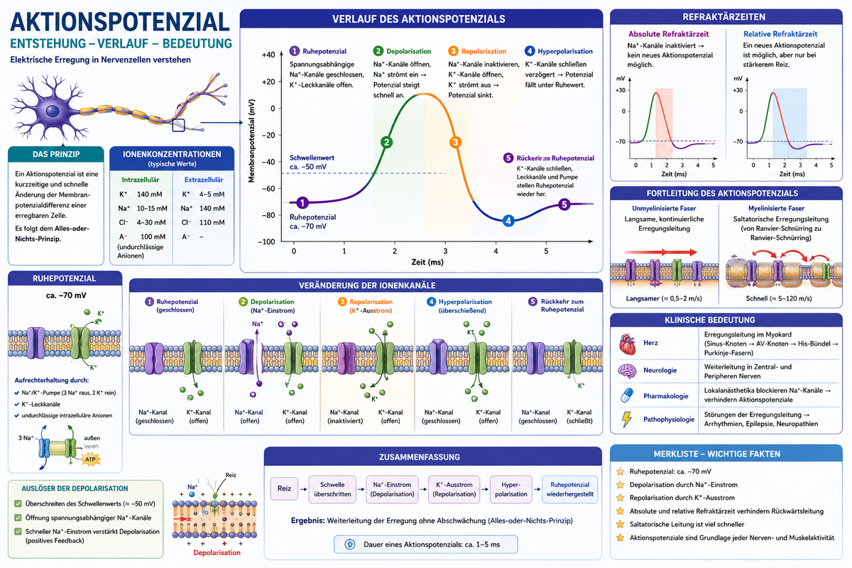 Hochwertige medizinische Infografik zum Aktionspotenzial mit Membranpotenzial, Ionenkanälen und Erregungsleitung.