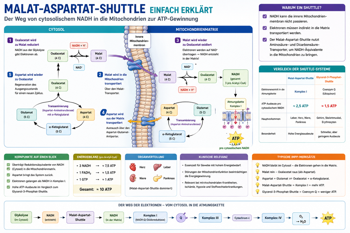 Malat-Aspartat-Shuttle einfach erklärt für Physikum mit NADH-Transport, Mitochondrien und Atmungskette.