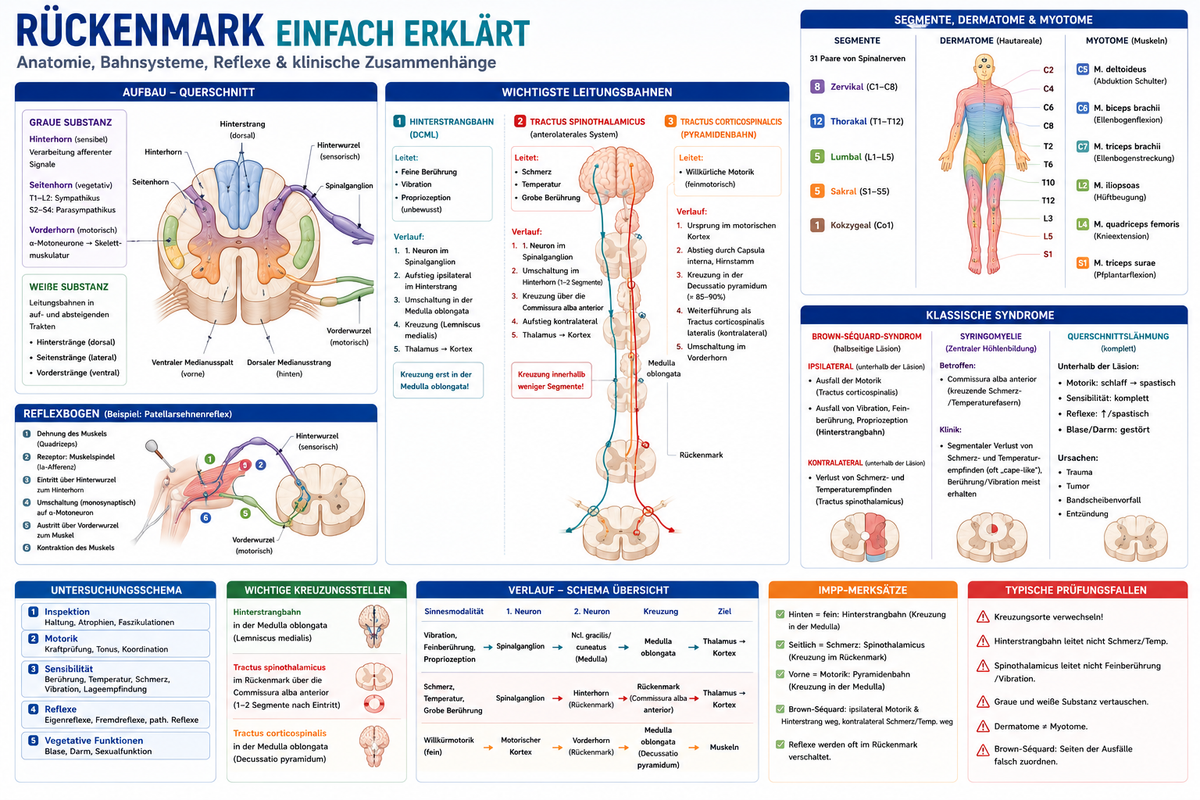 Anatomische Infografik zum Rückenmark mit Querschnitt, Leitungsbahnen und Brown-Séquard-Syndrom.