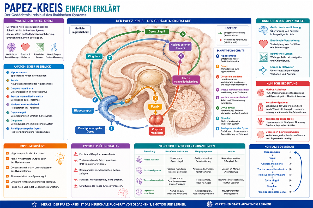 Papez-Kreis einfach erklärt für Physikum mit limbischem System, Hippocampus, Fornix und Gedächtnisbildung.