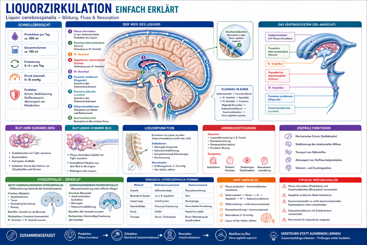Liquorzirkulation einfach erklärt für Physikum mit Seitenventrikeln, III. und IV. Ventrikel, Aquädukt, Subarachnoidalraum und Arachnoidalzotten.