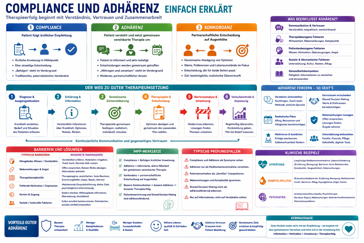 Compliance und Adhärenz einfach erklärt für Physikum mit Therapieumsetzung, Arzt-Patient-Kommunikation, Shared Decision Making und Patient Empowerment.