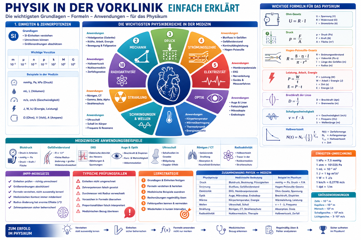 Physik in der Vorklinik einfach erklärt für Physikum mit Formeln, Einheiten, Strömungslehre, Elektrizität, Optik und Strahlenschutz.
