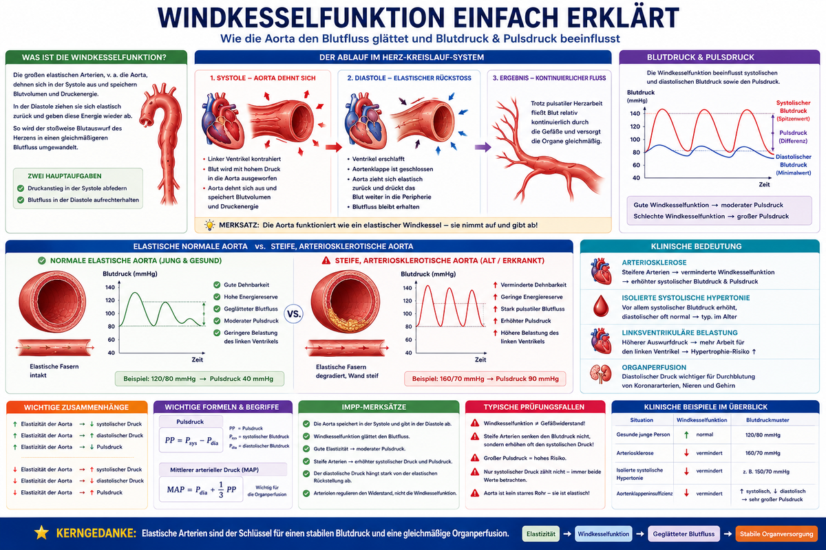 Windkesselfunktion einfach erklärt für Medizinstudierende mit Aorta, elastischen Arterien, systolischem Blutdruck, diastolischem Blutdruck, Pulsdruck, Arteriosklerose und Physikum-Merksätzen.