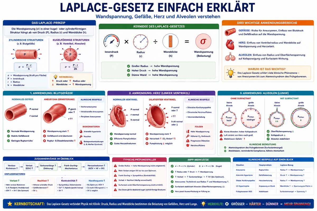 Laplace-Gesetz einfach erklärt für Medizinstudierende mit Druck, Radius, Wandspannung, Aneurysma, Ventrikeldilatation, Alveolen, Surfactant und typischen Physikum-Prüfungsfallen.