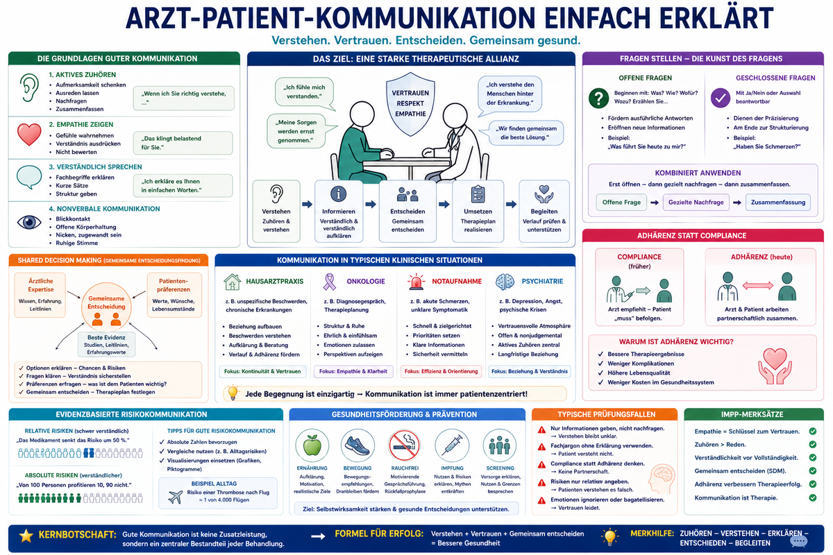Arzt-Patient-Kommunikation einfach erklärt für Medizinstudierende mit Empathie, aktiver Gesprächsführung, Shared Decision Making, Adhärenz, Prävention und typischen PsychSo-Prüfungsfallen.