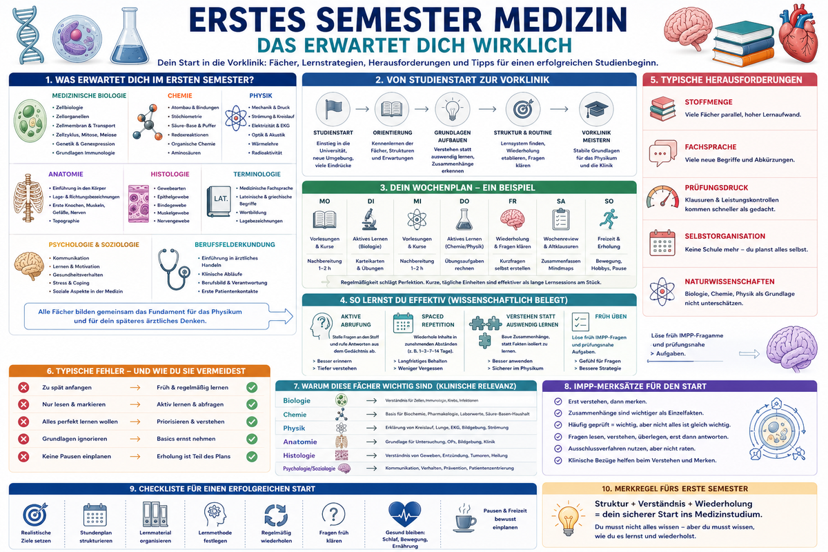 Erstes Semester Medizin einfach erklärt mit Fächern der Vorklinik Biologie Chemie Physik Anatomie Terminologie Lernstrategien Vorbereitung Studienstart und typischen Fehlern im Medizinstudium