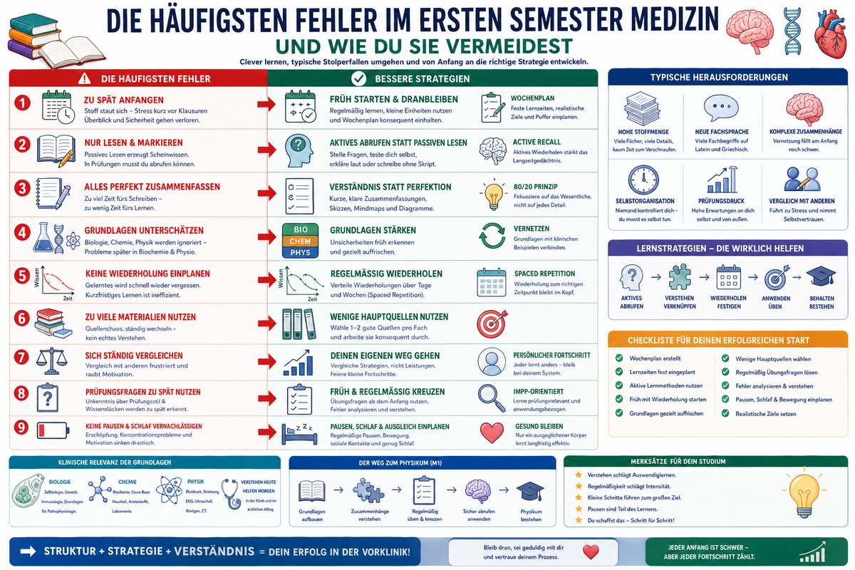 Häufige Fehler im ersten Semester Medizin vermeiden mit Lernstrategien Active Recall Spaced Repetition Biologie Chemie Physik Vorklinik Studienstart und Tipps gegen Überforderung