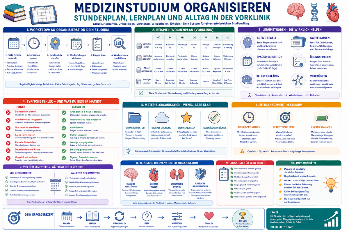 Medizinstudium organisieren mit Stundenplan Lernplan Vorklinik Wiederholung Active Recall Spaced Repetition Materialien Pausen Studienalltag und Tipps fürs erste Semester