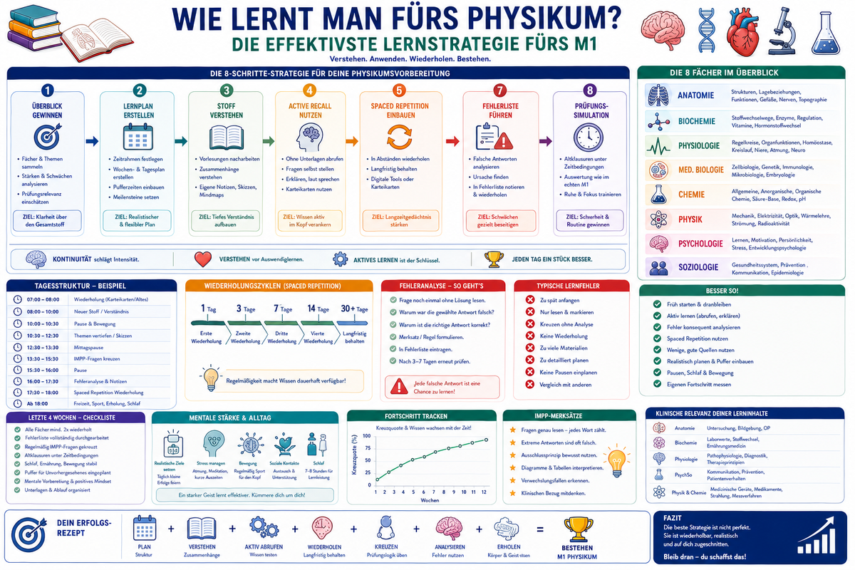Wie lernt man fürs Physikum mit Active Recall Spaced Repetition IMPP Fragen Fehleranalyse Lernplan Anatomie Biochemie Physiologie PsychSo und M1 Vorbereitung
